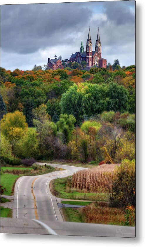 Holy Hill Basilica Cathedral Catholic Wisconsin Scenic Landscape Architecture Roads Road Trip Autumn Corn Rural Fall Fall Colors Church Metal Print featuring the photograph Holy Hill Basilica by Peter Herman