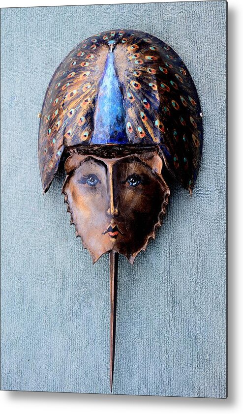 Roger Swezey Metal Print featuring the sculpture Horseshoe Crab Mask Peacock Helmet by Roger Swezey