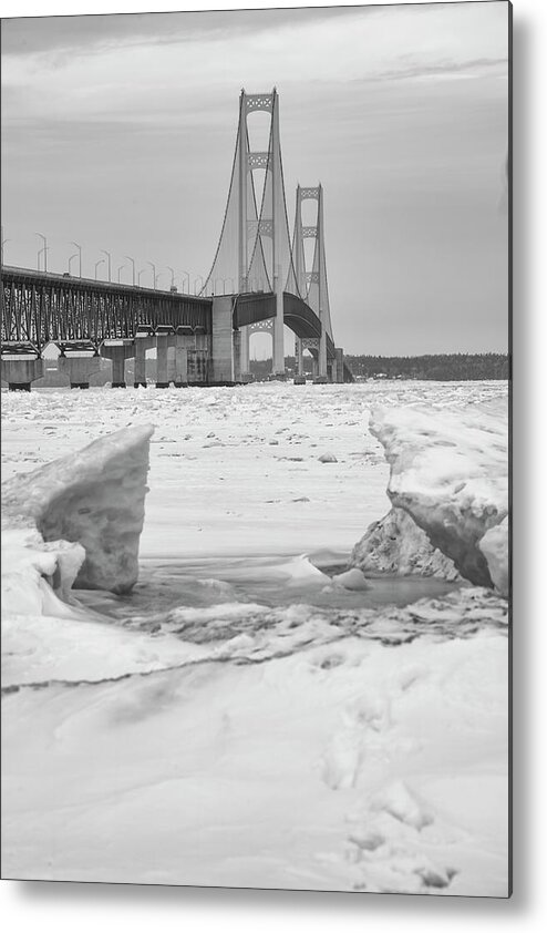 John Mcgraw Metal Print featuring the photograph Icy Black and White Mackinac Bridge by John McGraw