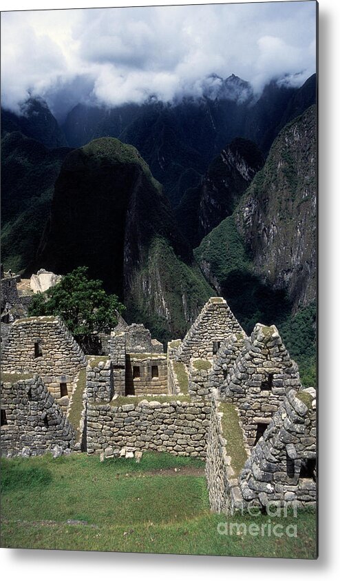 Machu Picchu Metal Print featuring the photograph Inca Houses at Machu Picchu and Urubamba Canyon by James Brunker