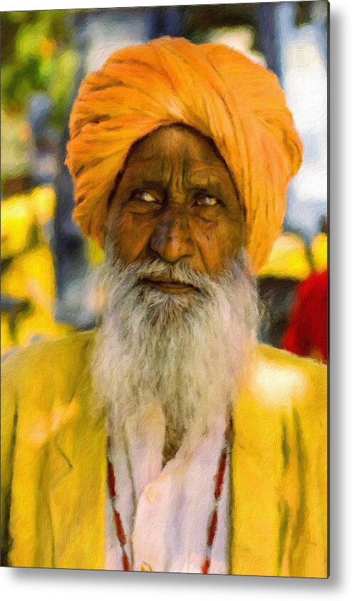 Indian Man Metal Print featuring the painting Indian old man by Vincent Monozlay