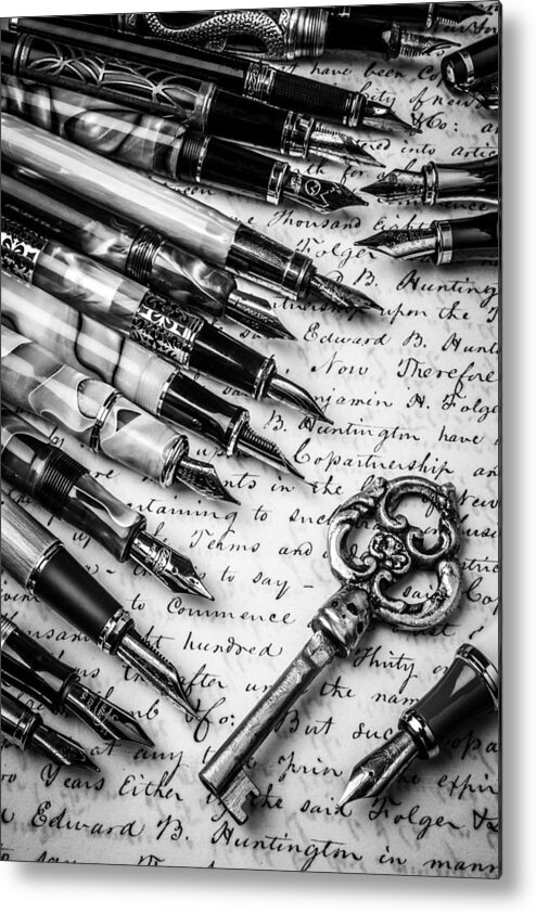 Fountain Metal Print featuring the photograph Key And Fountain Pens by Garry Gay