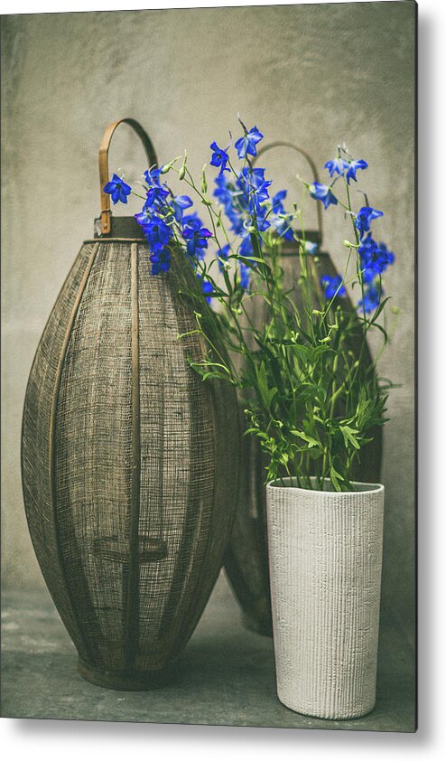 Botanical Metal Print featuring the photograph Lanterns and blue flowers by Yancho Sabev Art