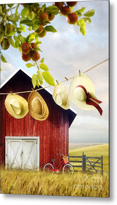 Atmosphere Metal Print featuring the photograph Large red barn with hats on clothesline in field of wheat by Sandra Cunningham