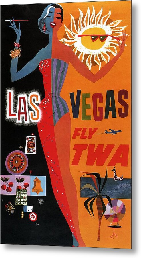 Travel Poster Metal Print featuring the mixed media Las Vegas, Fly Twa - Retro travel Poster - Vintage Poster by Studio Grafiikka
