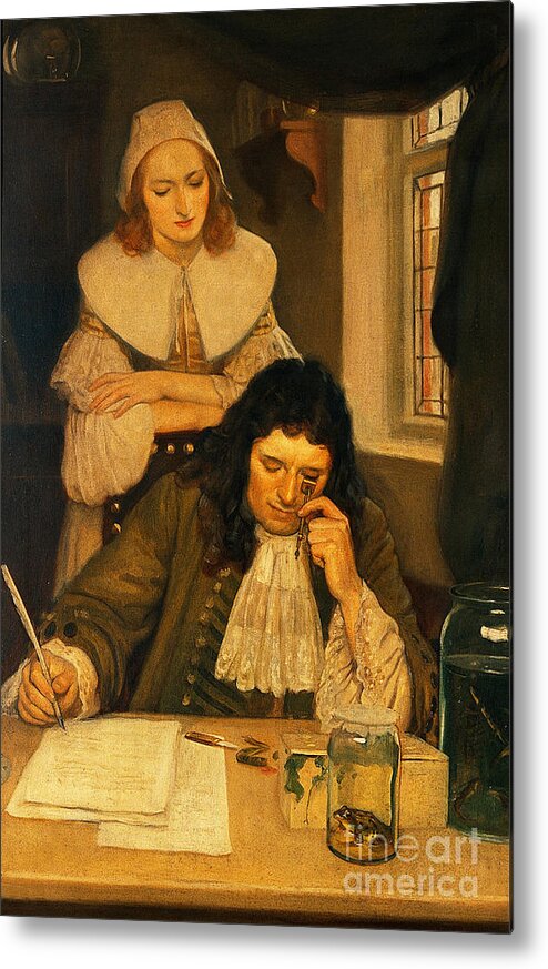 Historic Metal Print featuring the photograph Leeuwenhoek With Miicroscope, 17th by Wellcome Images