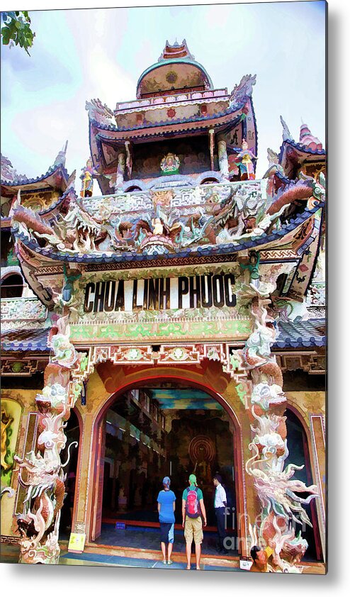Digital Metal Print featuring the photograph Linh Phuco Pagoda Broken Glass Mosaic Vietnam Entrance by Chuck Kuhn