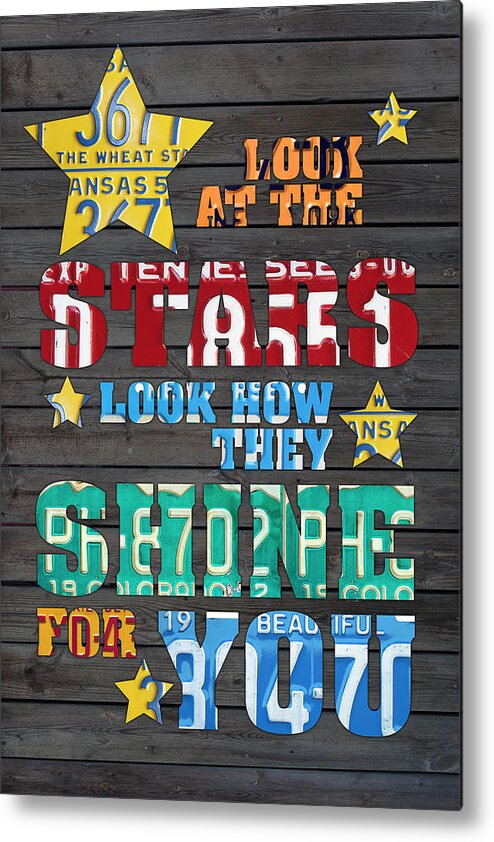 Look At The Stars Metal Print featuring the mixed media Look at the Stars Coldplay Yellow Inspired Typography Made Using Vintage Recycled License Plates by Design Turnpike
