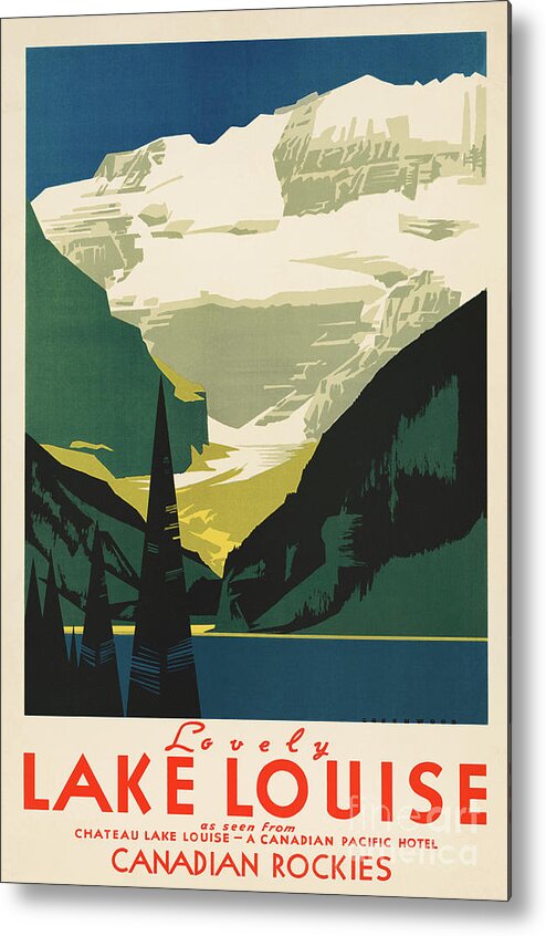  Metal Print featuring the drawing Lovely Lake Louise vintage travel ad by Heidi De Leeuw