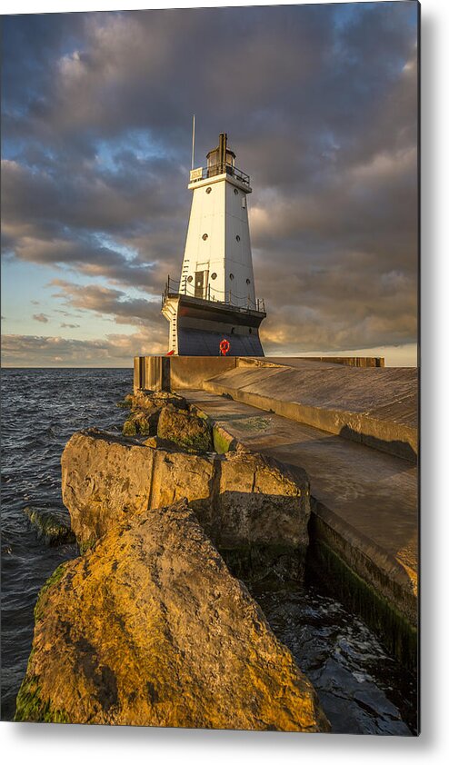 3scape Metal Print featuring the photograph Ludington North Breakwater Lighthouse at Sunrise by Adam Romanowicz