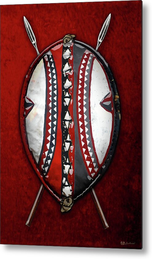 'war Shields' Collection By Serge Averbukh Metal Print featuring the digital art Maasai War Shield with Spears on Red Velvet by Serge Averbukh