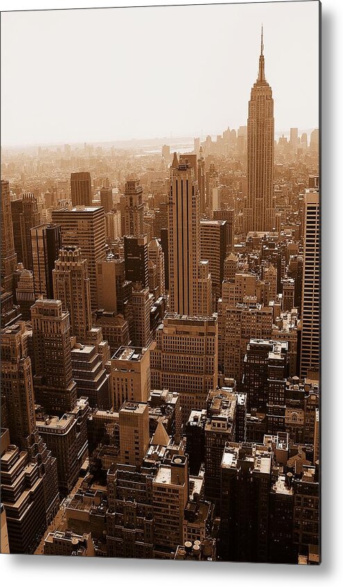 Cityscape Metal Print featuring the photograph Manhattan Aerial Sepia by Allan Einhorn