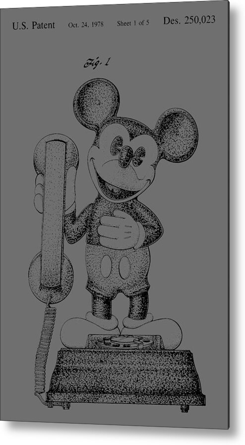 Mickey; Mouse; Novelty; Phone; Patent; 1978; Toy; Walt; Disney; Us; Inventor; Invention; Fashion; Design; Abstract; Brand; T-shirt; Hoodies; Patent Illustration; Crafts; Blueprint; Collectable; Vintage Patent; Nostalgia; Technical Illustration; Patent Drawing; Exclusive Rights; Rights; Drawing; Illustration; Presentation; Vintage; Gift; Diagram; Antique; Patentee; Men's; Men; Women; Women's; Boy; Girl; Patent Application; Home Decor; Grunge; Distress; Parchment; Old; Graphic; Chris Smith Metal Print featuring the photograph Mickey Mouse Novelty Phone Patent 1978 by Chris Smith