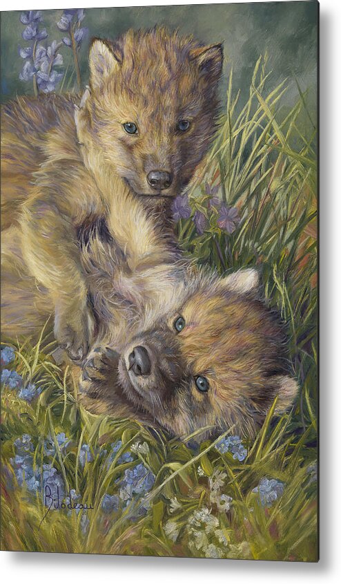 Wolf Metal Print featuring the painting Morning Play by Lucie Bilodeau