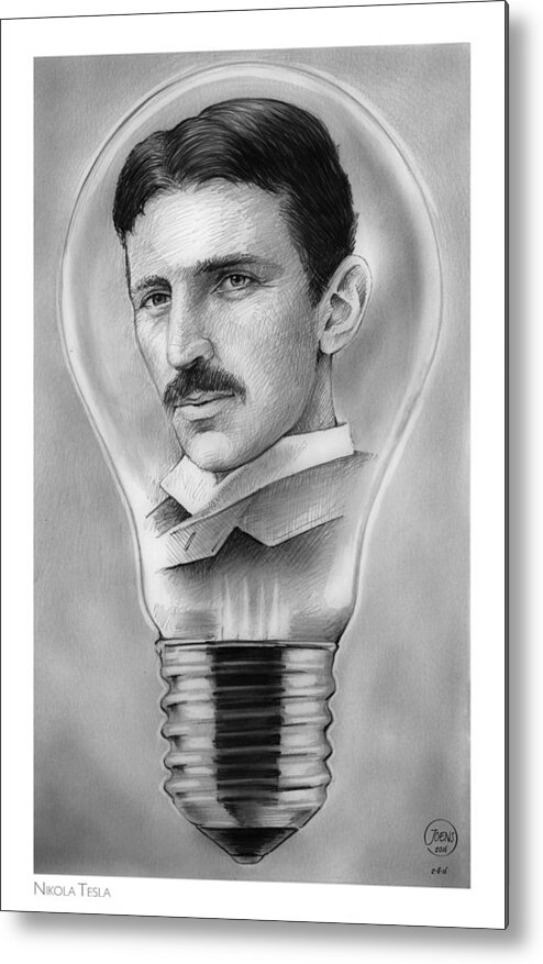 Nikola Tesla Metal Print featuring the drawing Nikola Tesla by Greg Joens