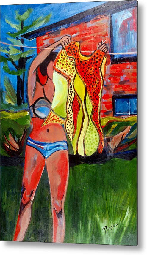 Girl In Bikini Metal Print featuring the painting Not Your Grandma's Clothes Line by Betty Pieper