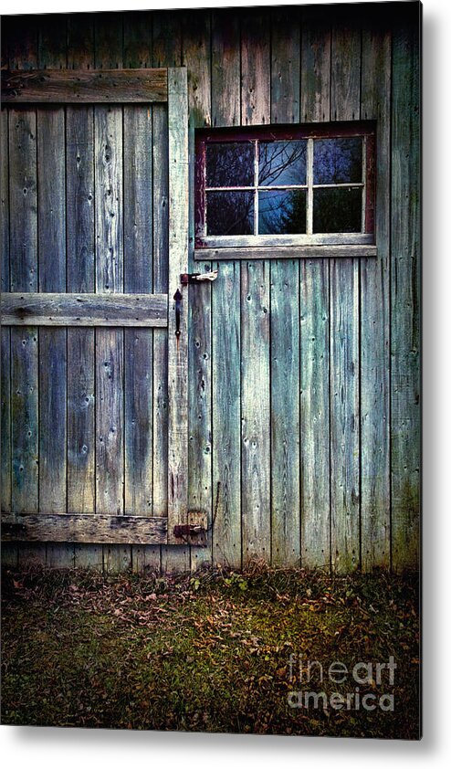 Atmosphere Metal Print featuring the photograph Old shed door with spooky shadow in window by Sandra Cunningham