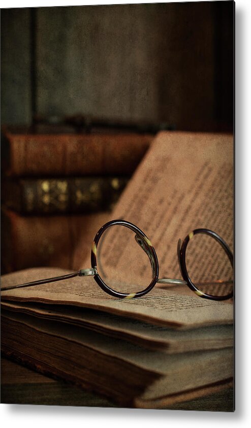 Spectacles Metal Print featuring the photograph Old Vintage Books With Reading Glasses by Ethiriel Photography