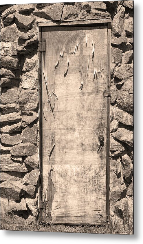 Vertical Metal Print featuring the photograph Old Wood Door and Stone - Vertical Sepia BW by James BO Insogna