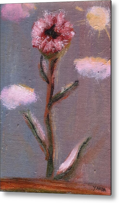Katt Yanda Original Art Flower Oil Painting Wood One Pink Flower Bloom Metal Print featuring the painting One Pink Flower by Katt Yanda