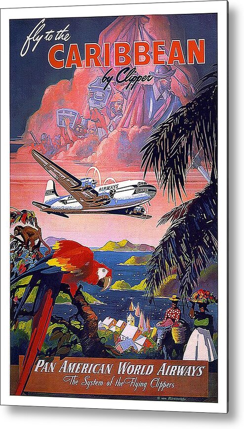 Pan American World Airways Metal Print featuring the mixed media Pan American World Airways - Flying Clippers - Caribbean - Retro travel Poster - Vintage Poster by Studio Grafiikka