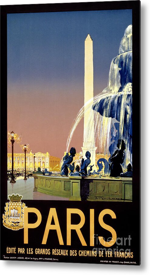 Paris Metal Print featuring the painting Paris Vintage Travel Poster Restored by Vintage Treasure