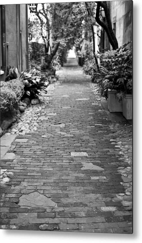 Patchwork Pathway Charleston Downtown South Carolina Ally Way Black White Dustin Ryan Metal Print featuring the photograph Patchwork Pathway by Dustin K Ryan