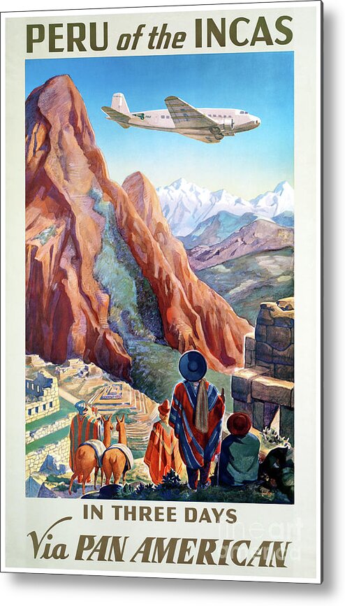 Travel Metal Print featuring the mixed media Peru Incas Vintage Travel Poster Restored by Vintage Treasure
