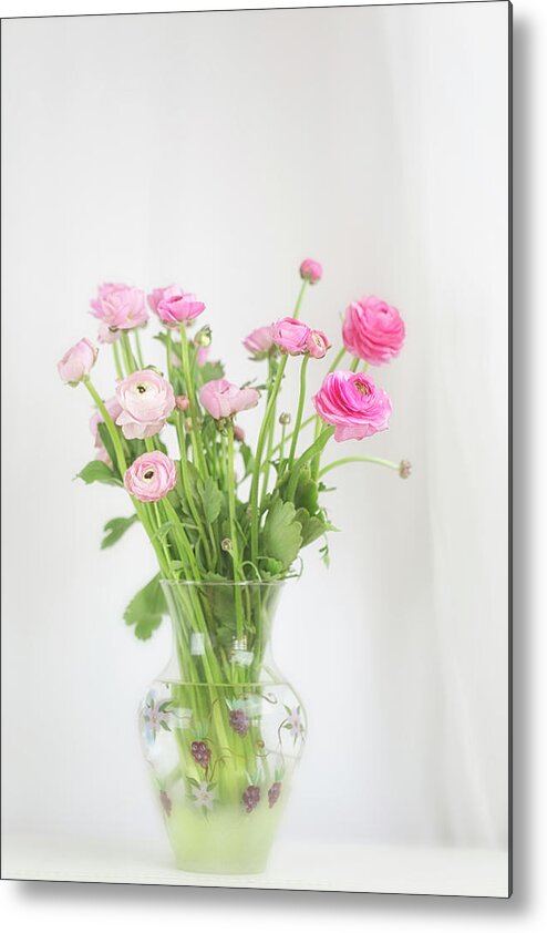 Ranunculus Metal Print featuring the photograph Pink Ranunculus in Glass Vase by Susan Gary