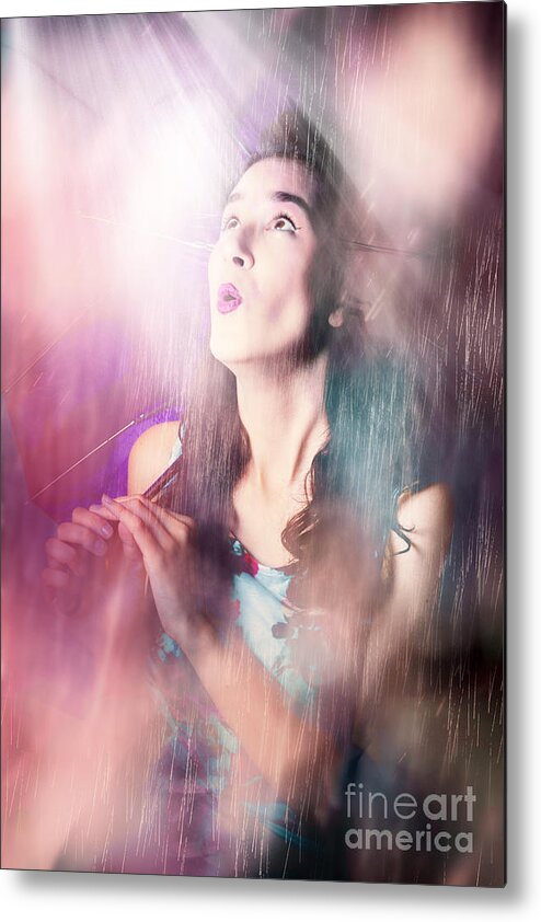 Hope Metal Print featuring the photograph Pinup woman mesmerised by pouring down rainfall by Jorgo Photography
