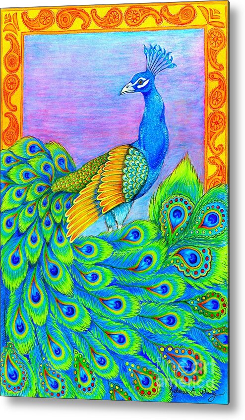Peacock Metal Print featuring the drawing Pretty Peacock by Rebecca Wang