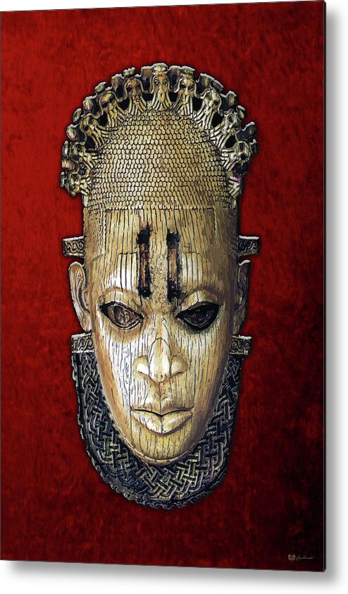 'treasures Of Africa' Collection By Serge Averbukh Metal Print featuring the digital art Queen Mother Idia - Ivory Hip Pendant Mask - Nigeria - Edo Peoples - Court of Benin on Red Velvet by Serge Averbukh