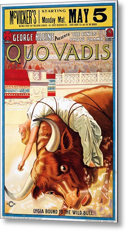 1913 Metal Print featuring the painting Quo Vadis, Lygia bound to the wild bull, movie poster, 1913 by Vincent Monozlay