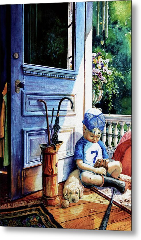 Child Baseball Metal Print featuring the painting Rain Rain Go Away by Hanne Lore Koehler