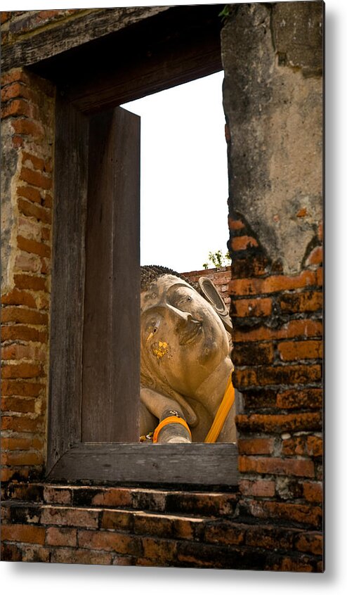 Ancient Metal Print featuring the photograph Reclining Buddha view through a window by U Schade