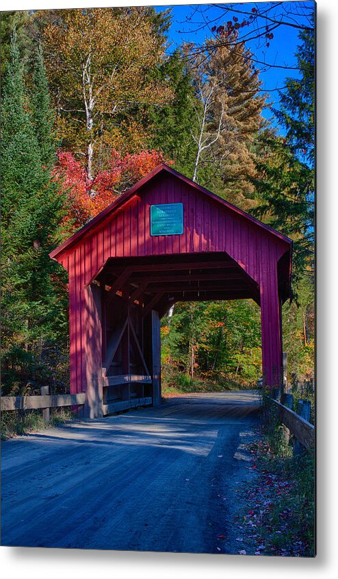 Moseley Covered Bridge Metal Print featuring the photograph Red autumn foliage over Moseley covered bridge by Jeff Folger