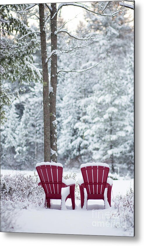 Anderson Metal Print featuring the photograph Red Chairs by the Anderson Pond Winter by Edward Fielding