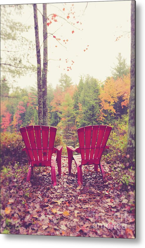 Vermont Metal Print featuring the photograph Red chairs by the lake by Edward Fielding