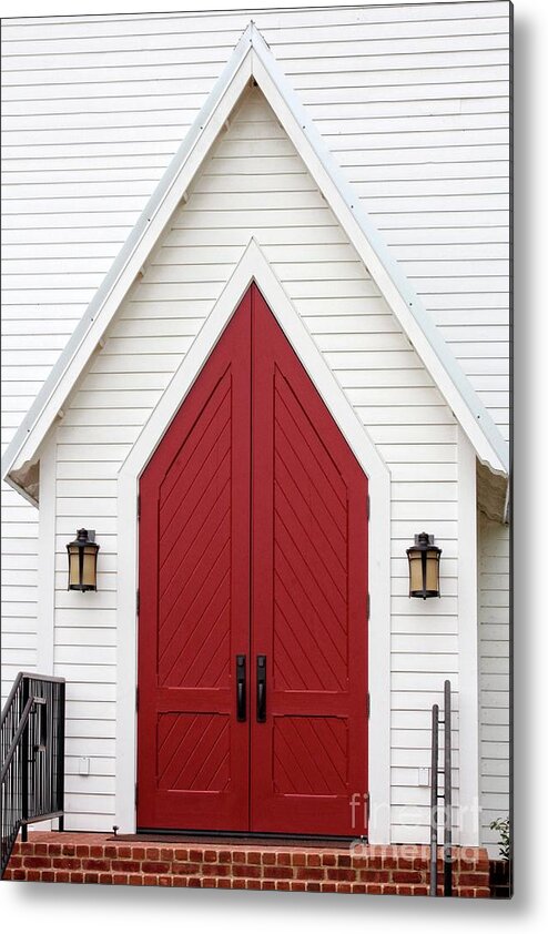 Red Metal Print featuring the photograph Red Chapel Door by Ella Kaye Dickey