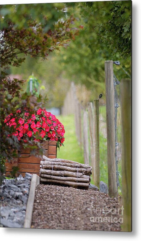 Country Metal Print featuring the photograph Red flowerd with Fende and wood billet bundle by Amanda Mohler