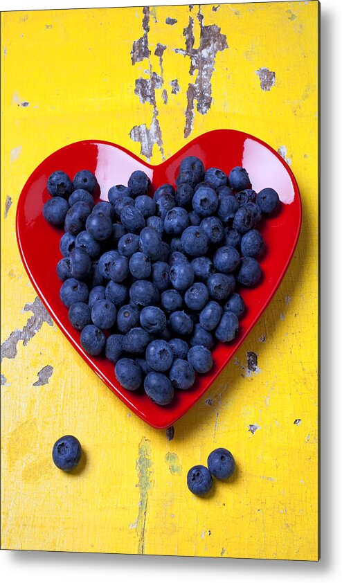 Red Heart Shaped Plate Metal Print featuring the photograph Red heart plate with blueberries by Garry Gay