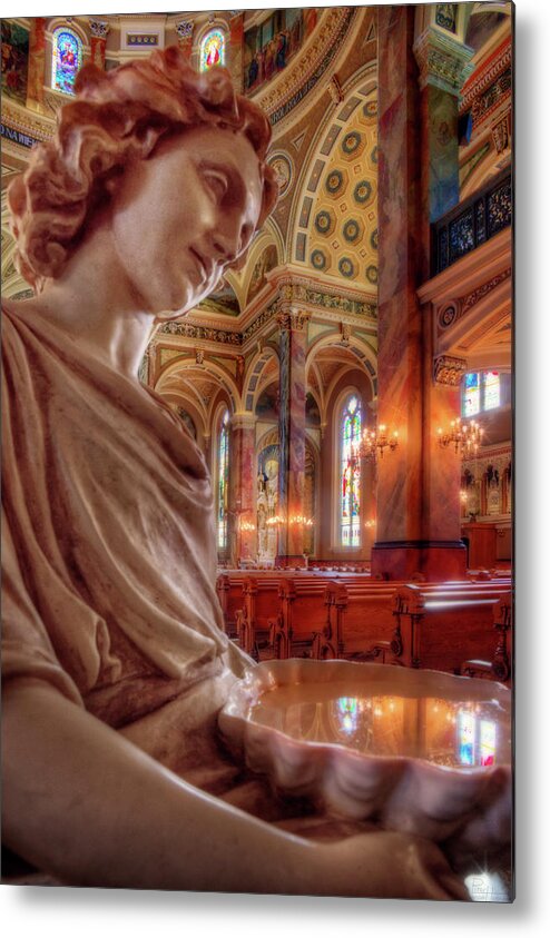 Basilica Josaphat Milwaukee Cathedral Font Holy Water Church Tabernacle Sanctuary Angel Religion Mass Catholic Polish Wi Wisconsin Metal Print featuring the photograph Reflecting on that which is Holy by Peter Herman