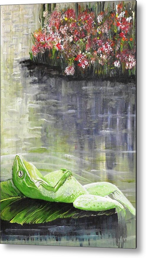 Art Metal Print featuring the painting Relaxing Frog in a Sunny Pond by Medea Ioseliani