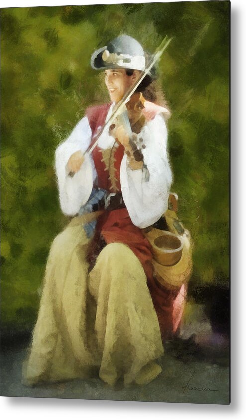 Fiddler Violin Play Playing Music Musician Lady Woman Girl Female Entertainer Metal Print featuring the digital art Renaissance Fiddler Lady by Frances Miller