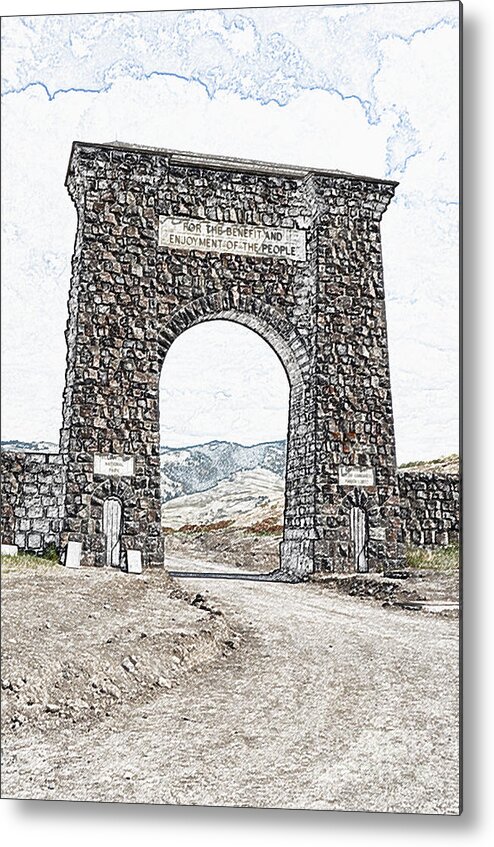 North Gate Metal Print featuring the digital art Roosevelt Arch 1903 Gate Old Time Dirt Road Yellowstone National Park Colored Pencil Digital Art by Shawn O'Brien