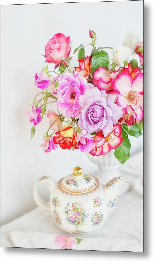 Roses Metal Print featuring the photograph Rose Bouquet and Vintage Teapot by Susan Gary