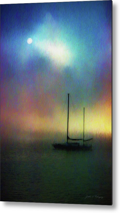 Seascape Metal Print featuring the mixed media Sailboat at Sunset by John A Rodriguez