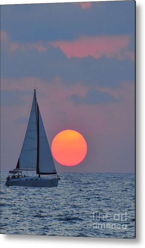 Sail Boats Metal Print featuring the photograph Sailboat at sunset by Shay Levy