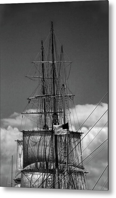 Art Metal Print featuring the photograph Sails and Mast Riggings on a Tall Ship in Black and White by Randall Nyhof