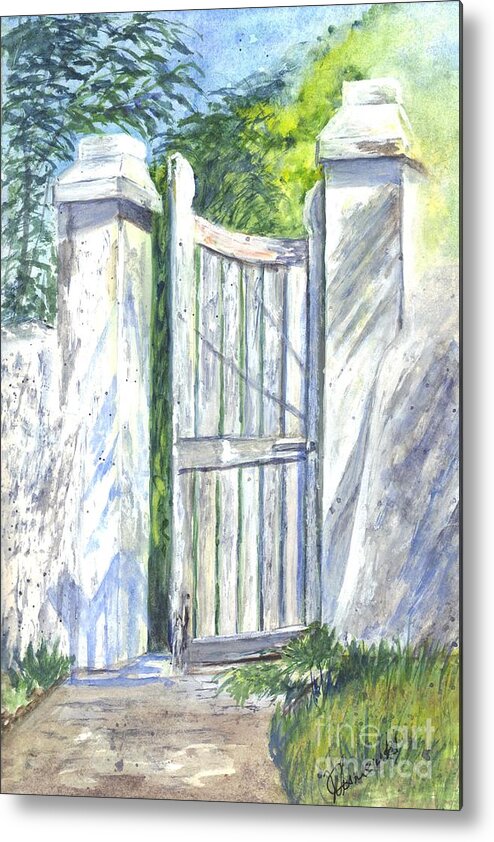 Gate Metal Print featuring the painting San Salvadore Bahamas Lighthouse Keepers Gate by Carol Wisniewski